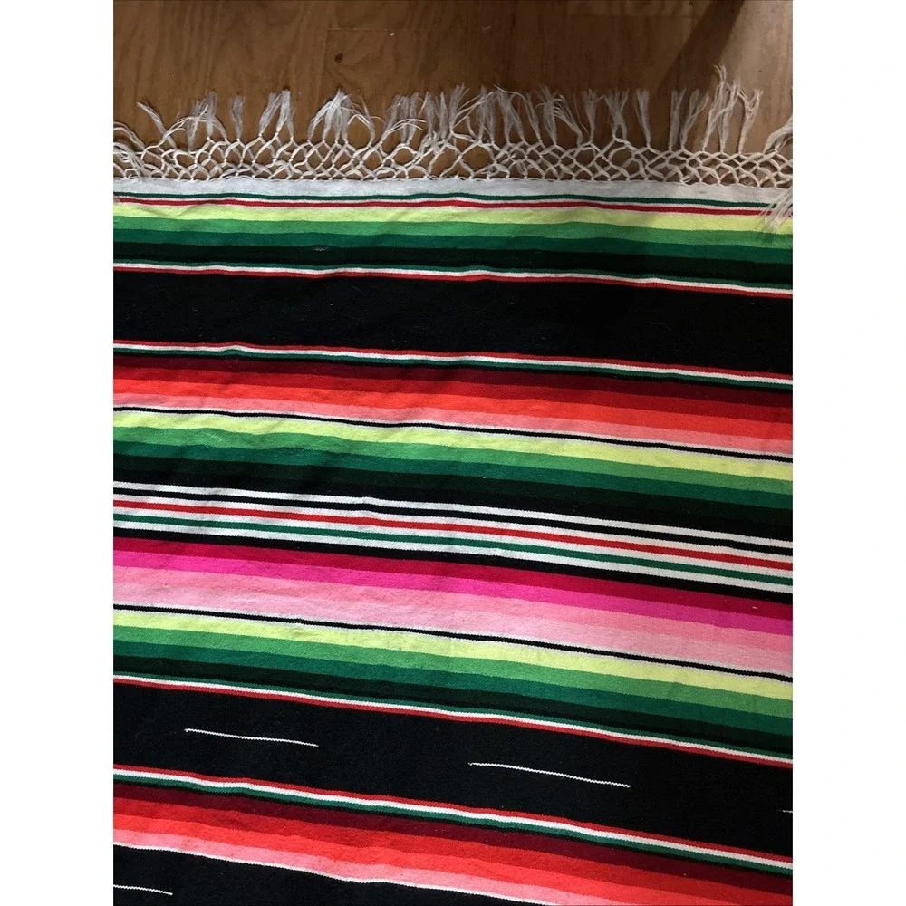 Traditional Colorful Striped Fringed Woven  Mexican Blanket 7' X 3'